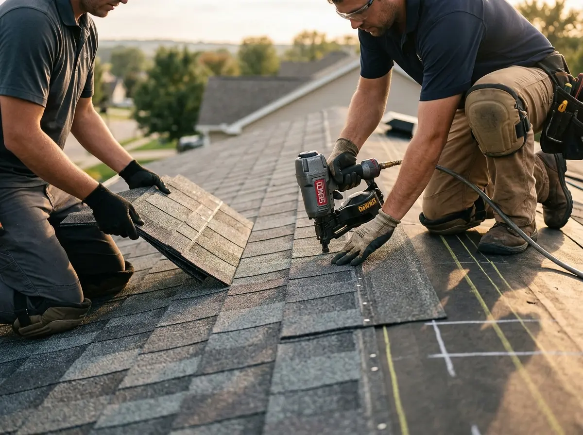 Professional roofer working on a residential roof in Schuyler